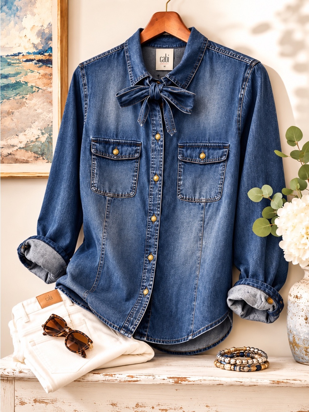 Cabi Waterfront Denim Shirt #3290 | Tie Neck | NWT - Picture 2 of 3
